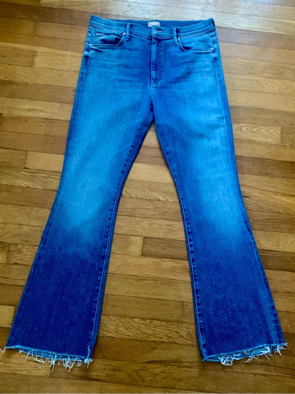 MOTHER the Weekender Blue Distressed Hem Flare Jeans (A Groovy Kind of Love).